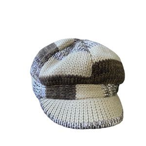 Y2K Vintage Knitted Newsboy Hat Beanie Brown Cream Patch Fall Winter warm